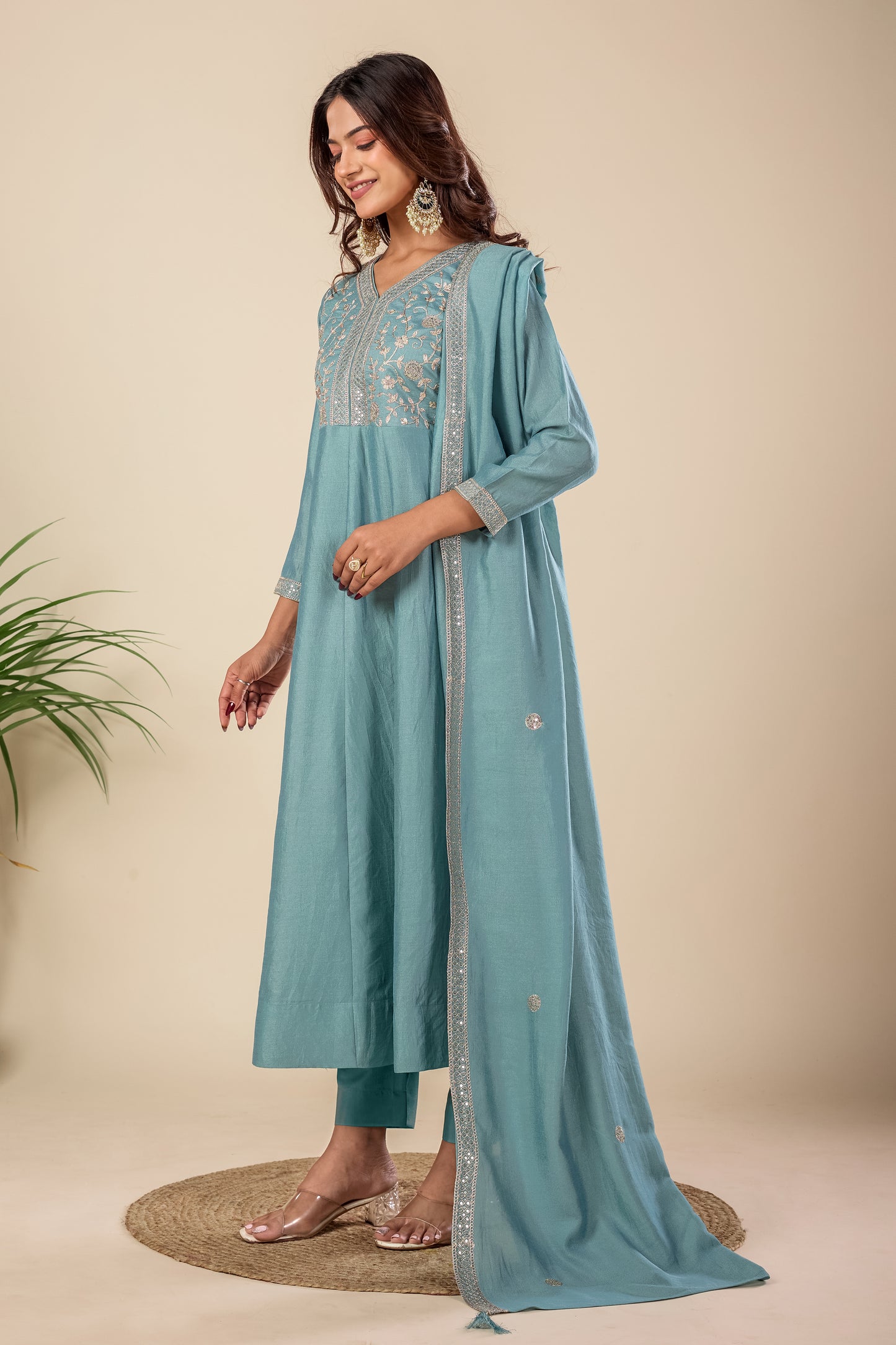 Sky Blue Embroidered Silk Anarkali Kurta With Dupatta Set