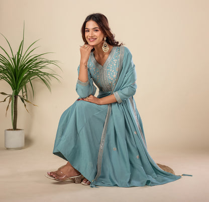 Sky Blue Embroidered Silk Anarkali Kurta With Dupatta Set