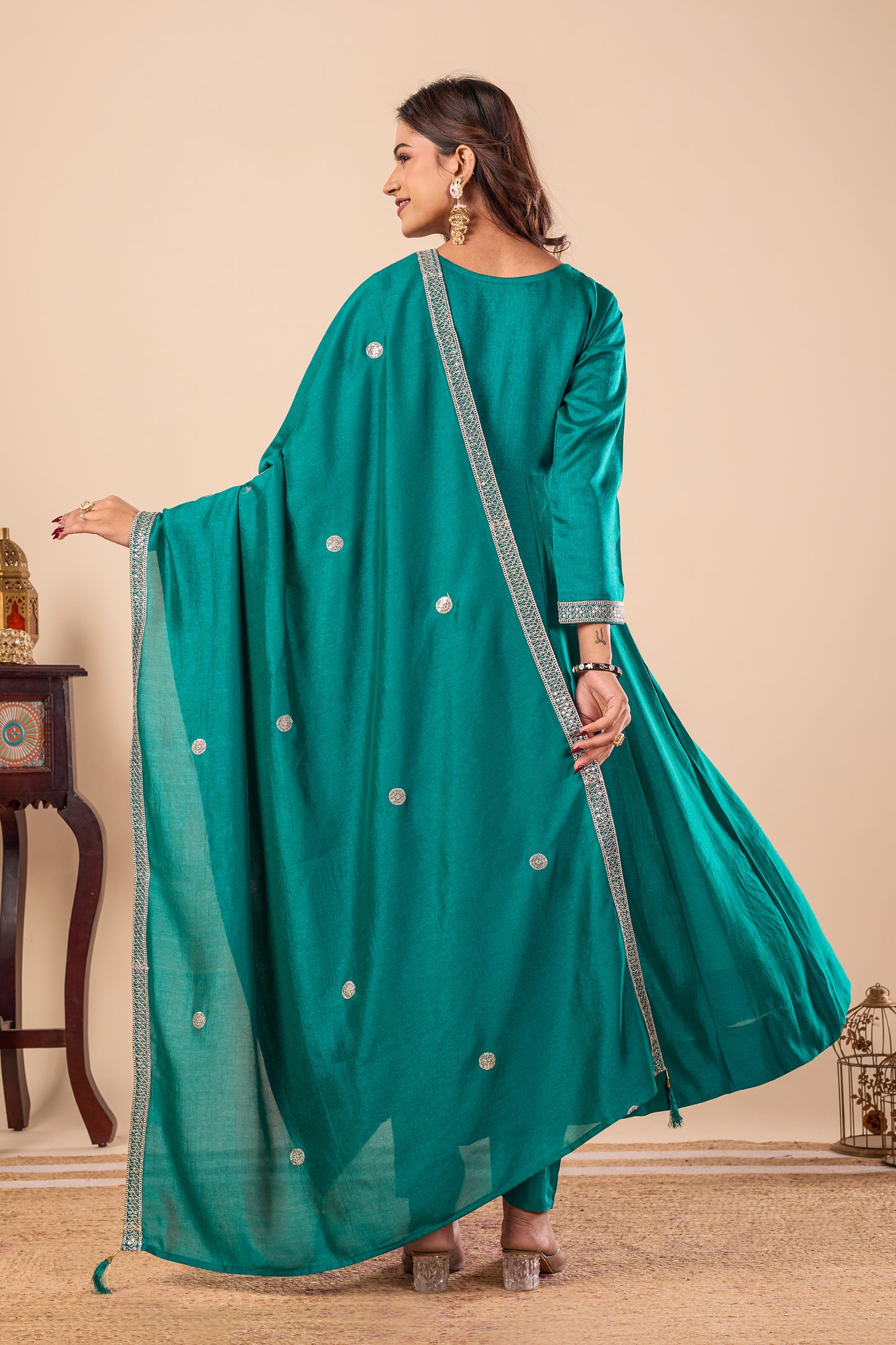 Rama Embroidered Silk Anarkali Kurta With Dupatta Set