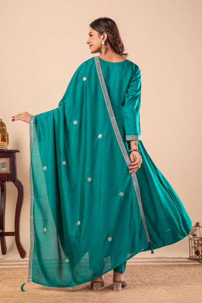 Rama Embroidered Silk Anarkali Kurta With Dupatta Set