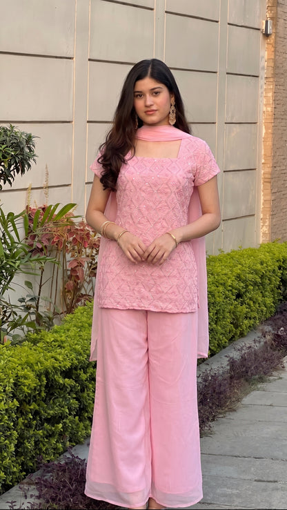 90's Style Glam Kurta Set with Bell Bottom Palazzo & Dupatta