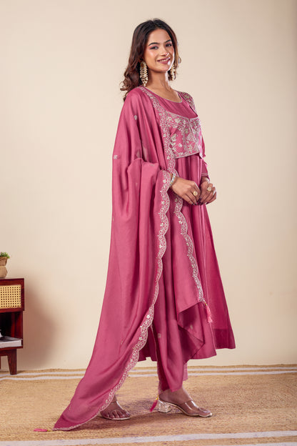 Pink Koti Embroidered Silk Anarkali Kurta With Dupatta Set