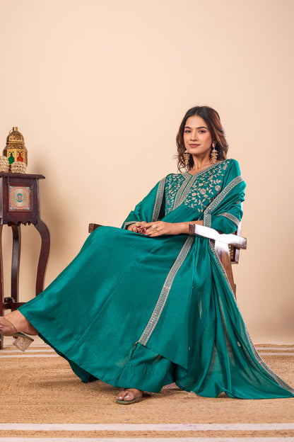 Rama Embroidered Silk Anarkali Kurta With Dupatta Set