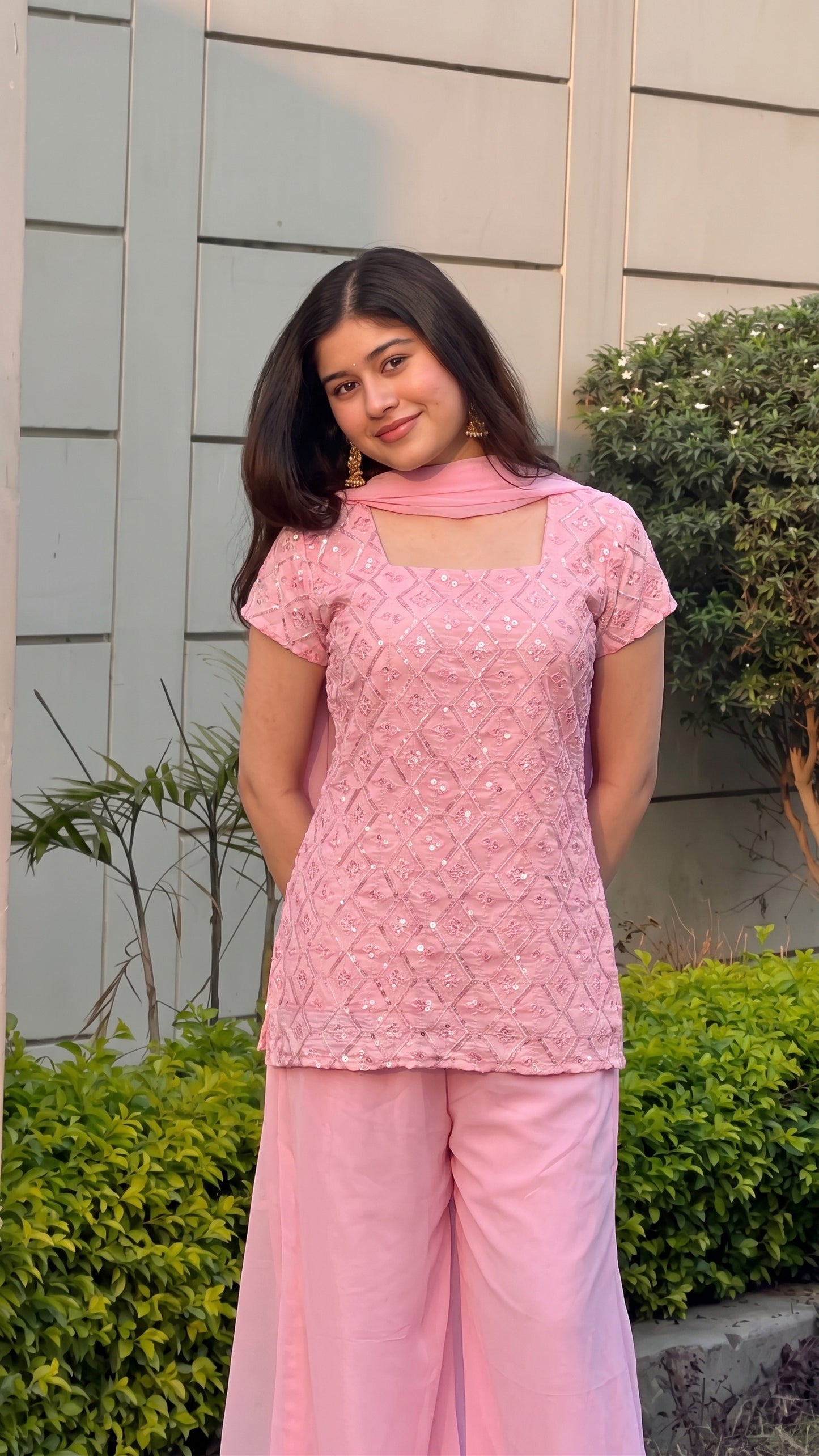90's Style Glam Kurta Set with Bell Bottom Palazzo & Dupatta