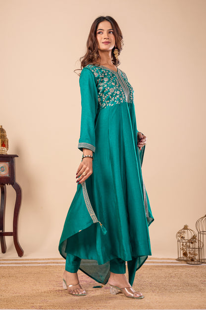 Rama Embroidered Silk Anarkali Kurta With Dupatta Set