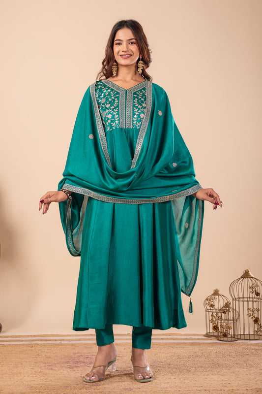 Rama Embroidered Silk Anarkali Kurta With Dupatta Set