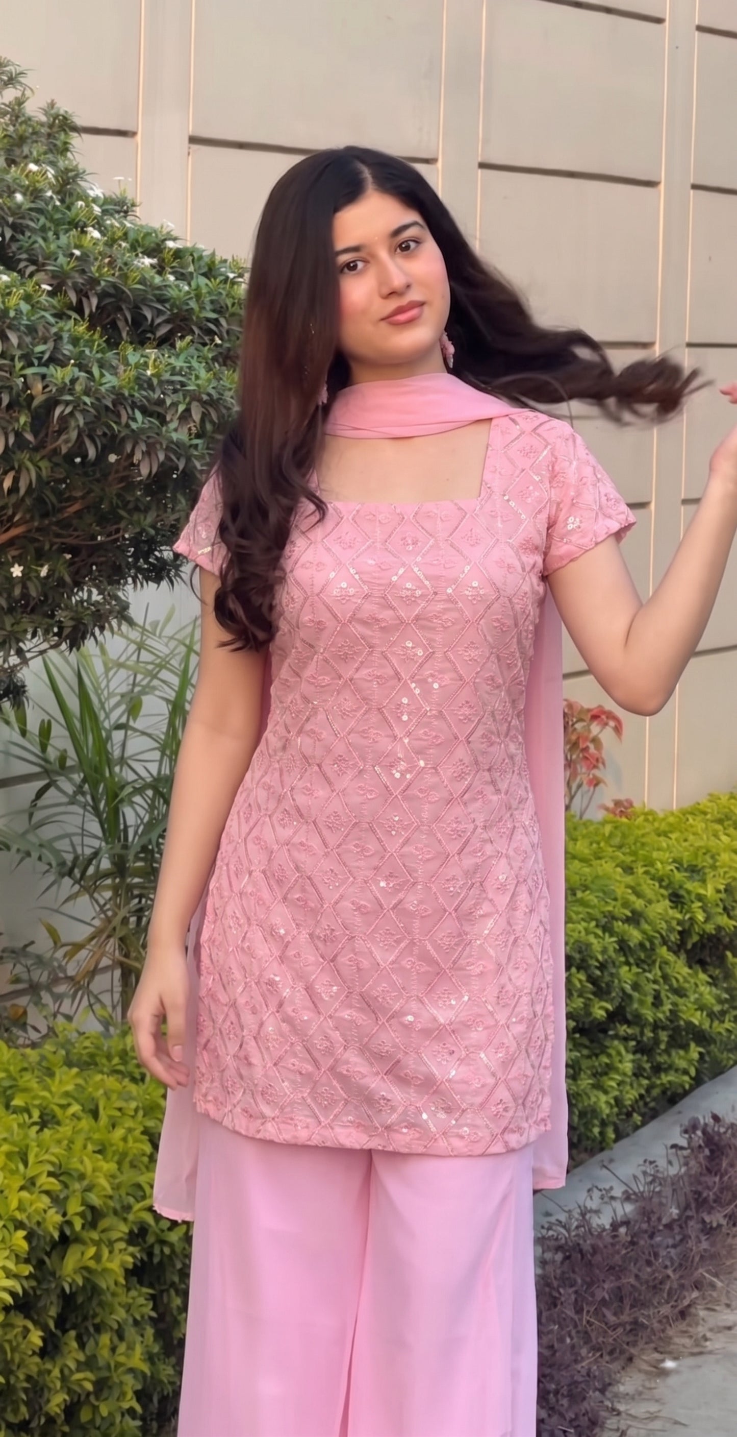 90's Style Glam Kurta Set with Bell Bottom Palazzo & Dupatta