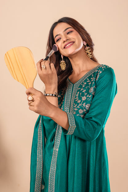 Rama Embroidered Silk Anarkali Kurta With Dupatta Set