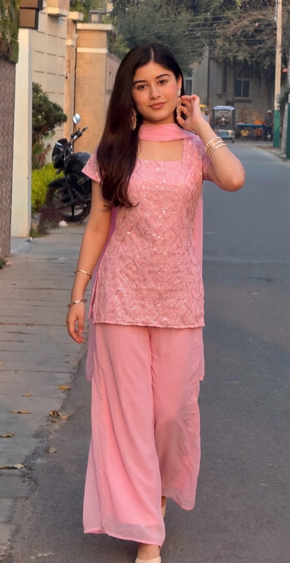 90's Style Glam Kurta Set with Bell Bottom Palazzo & Dupatta