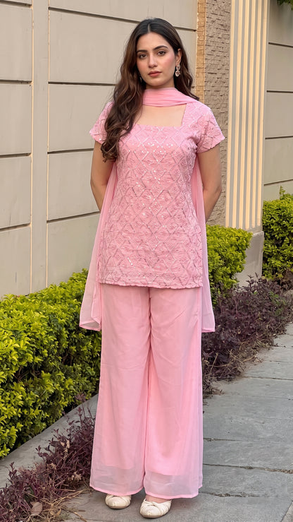 90's Style Glam Kurta Set with Bell Bottom Palazzo & Dupatta