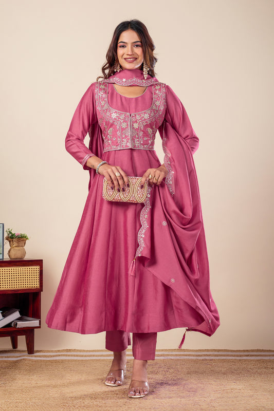 Pink Koti Embroidered Silk Anarkali Kurta With Dupatta Set