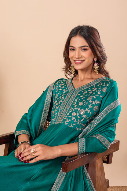 Rama Embroidered Silk Anarkali Kurta With Dupatta Set