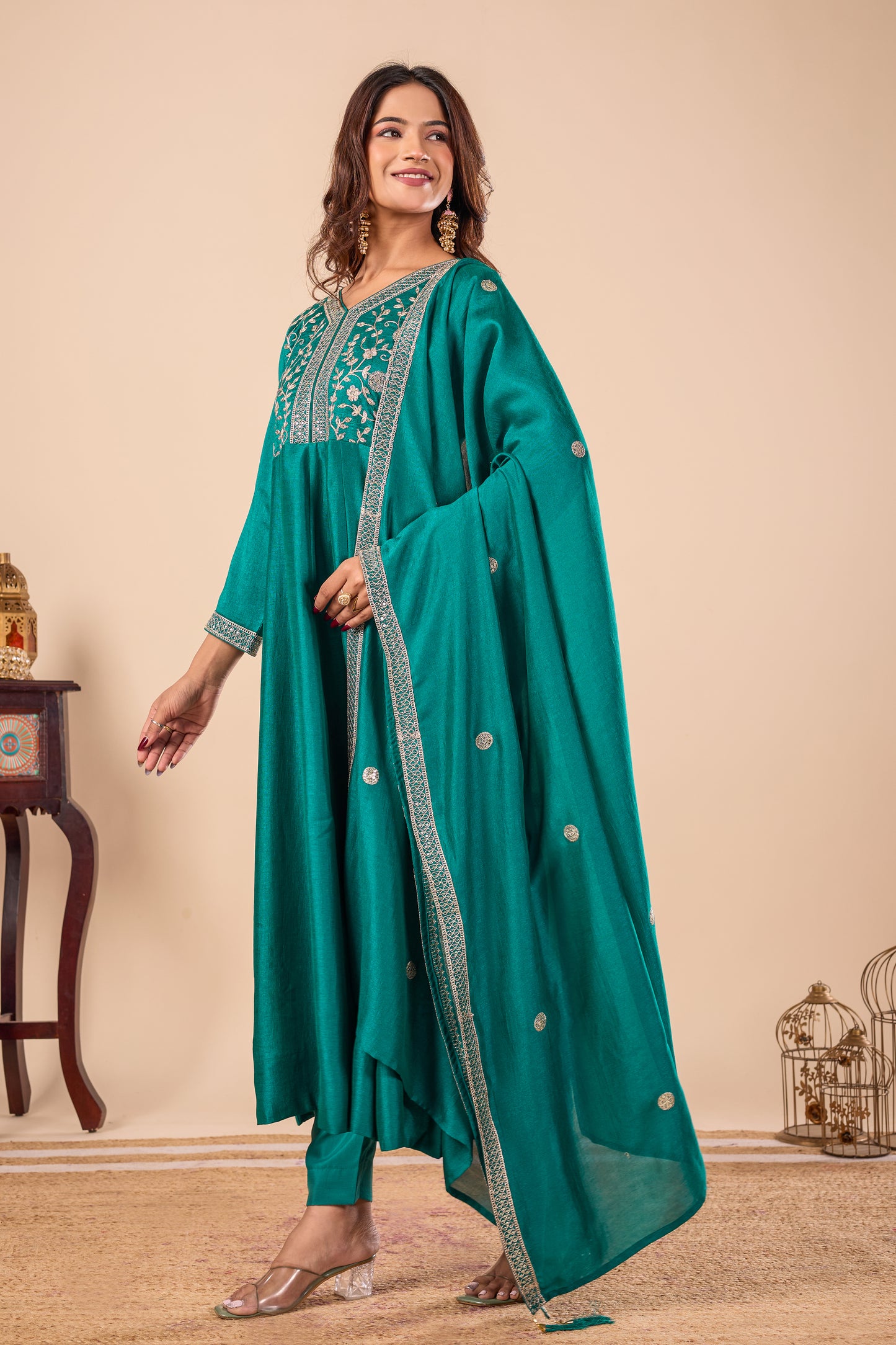 Rama Embroidered Silk Anarkali Kurta With Dupatta Set