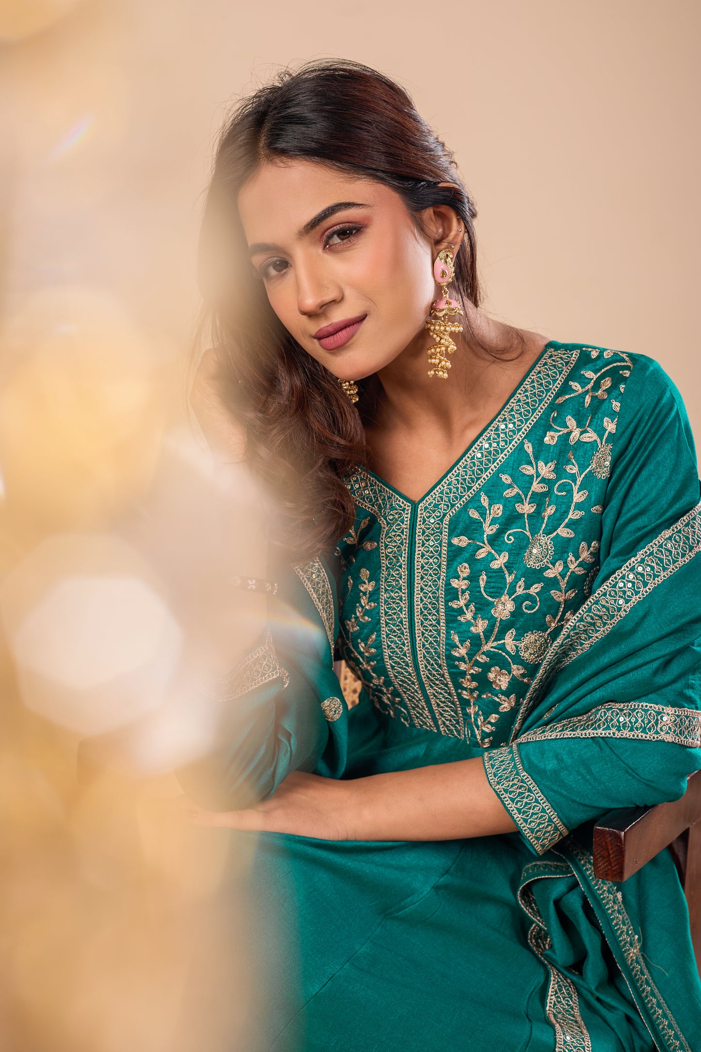 Rama Embroidered Silk Anarkali Kurta With Dupatta Set