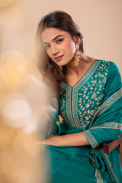 Rama Embroidered Silk Anarkali Kurta With Dupatta Set