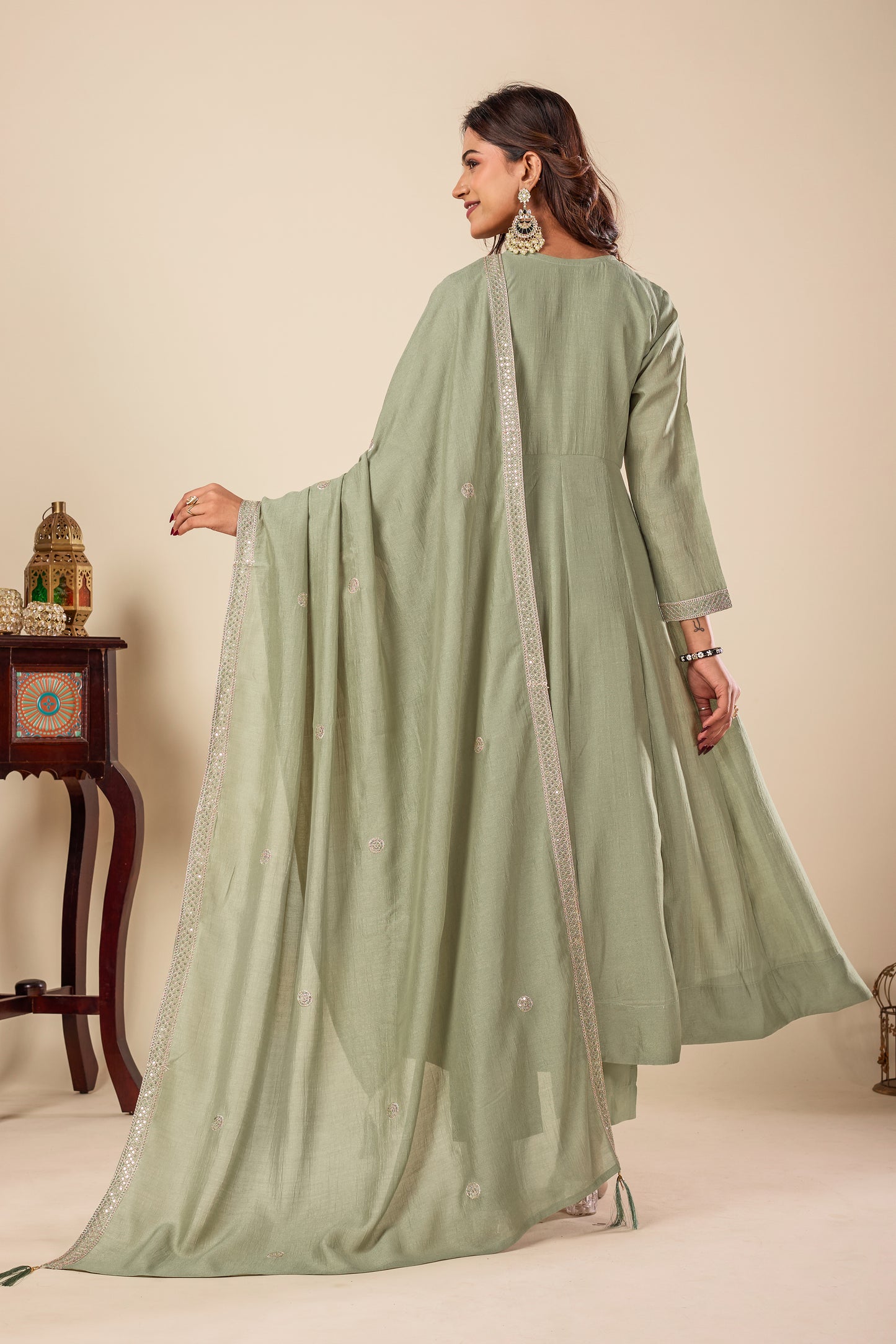 Pista Embroidered Silk Anarkali Kurta With Dupatta Set