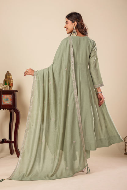 Pista Embroidered Silk Anarkali Kurta With Dupatta Set