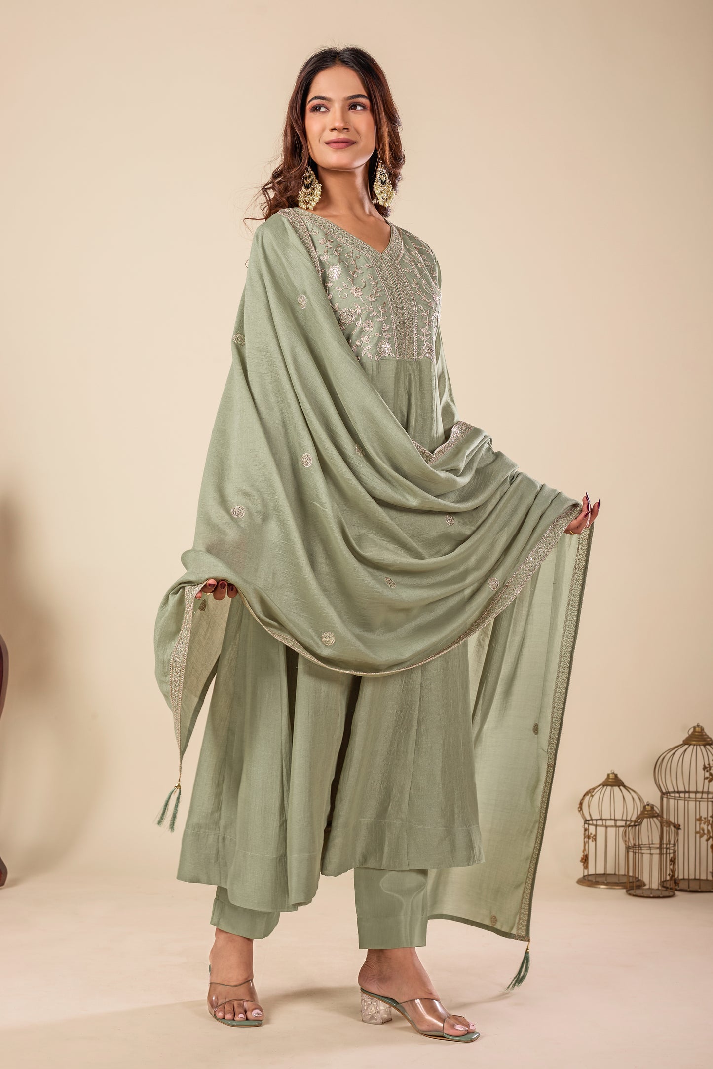 Pista Embroidered Silk Anarkali Kurta With Dupatta Set