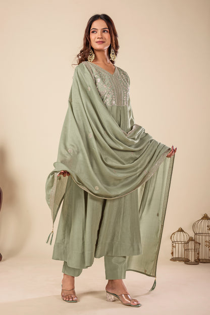 Pista Embroidered Silk Anarkali Kurta With Dupatta Set