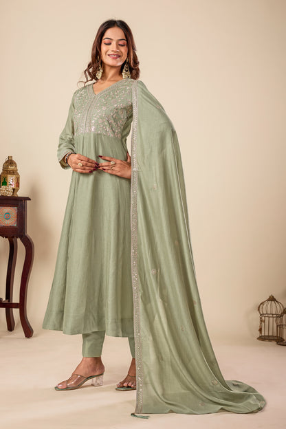 Pista Embroidered Silk Anarkali Kurta With Dupatta Set