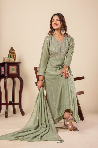 Pista Embroidered Silk Anarkali Kurta With Dupatta Set
