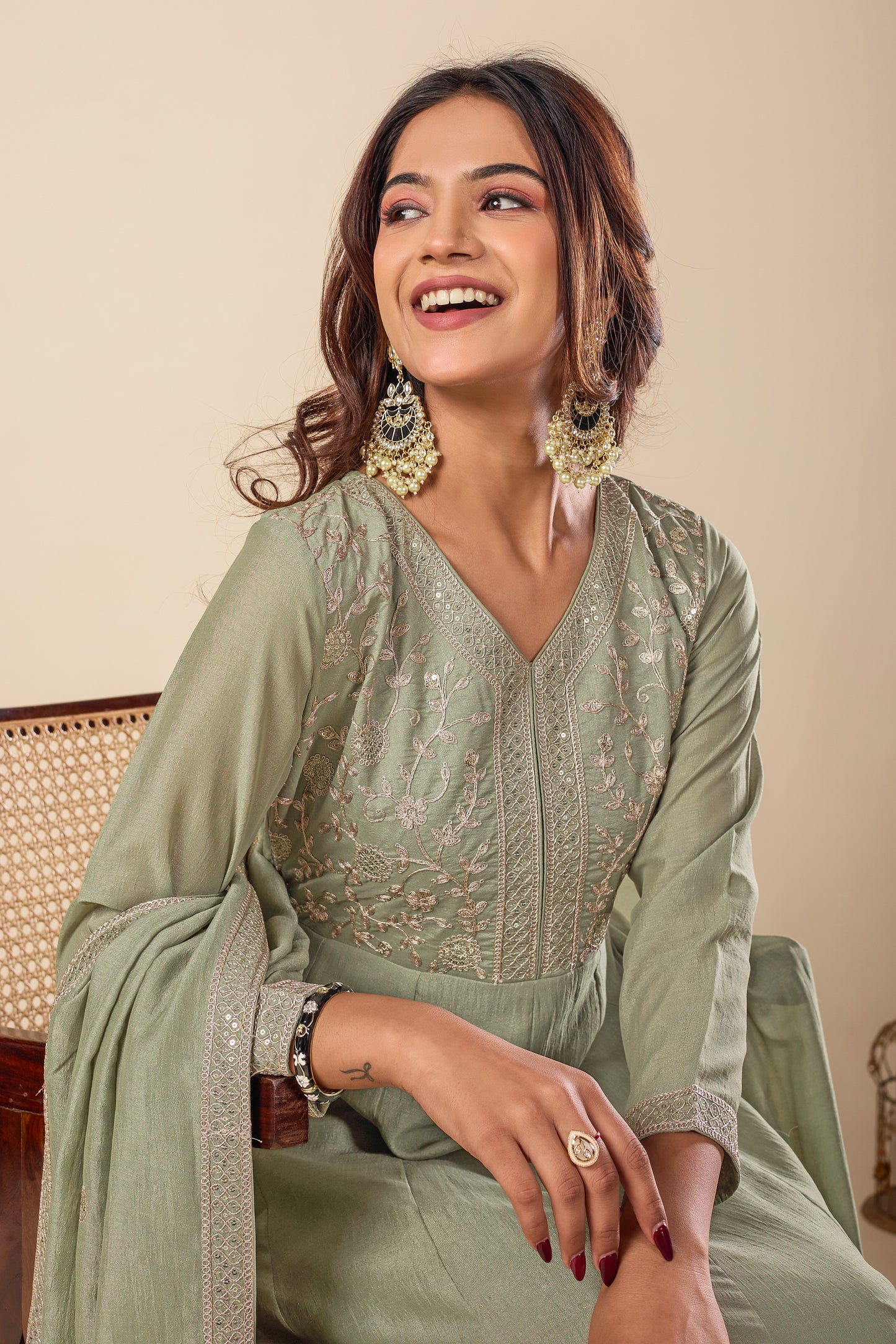 Pista Embroidered Silk Anarkali Kurta With Dupatta Set