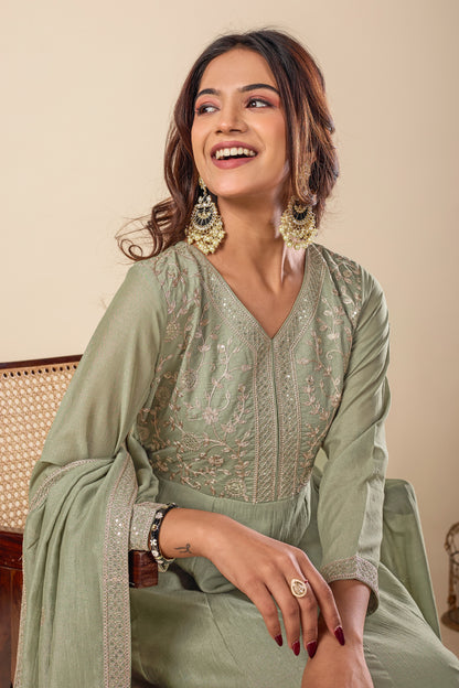 Pista Embroidered Silk Anarkali Kurta With Dupatta Set