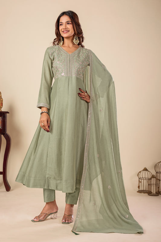 Pista Embroidered Silk Anarkali Kurta With Dupatta Set