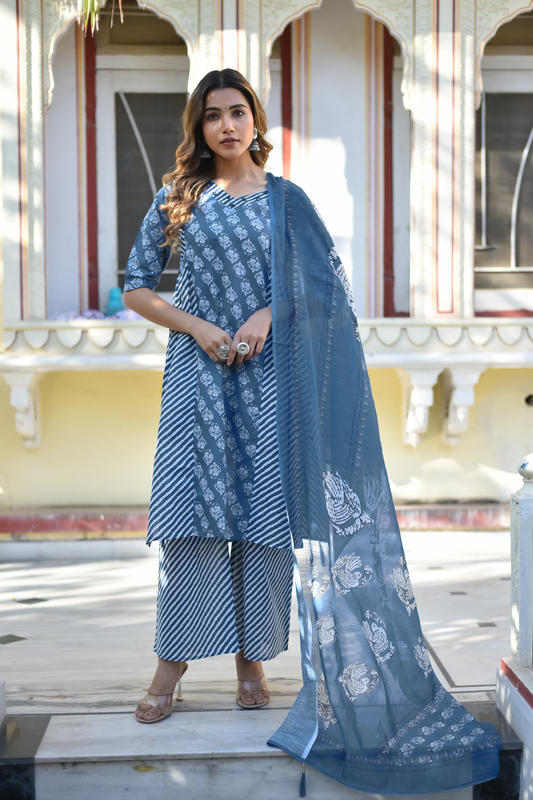 Serene Sky Blue Floral Kurta Set with Dupatta