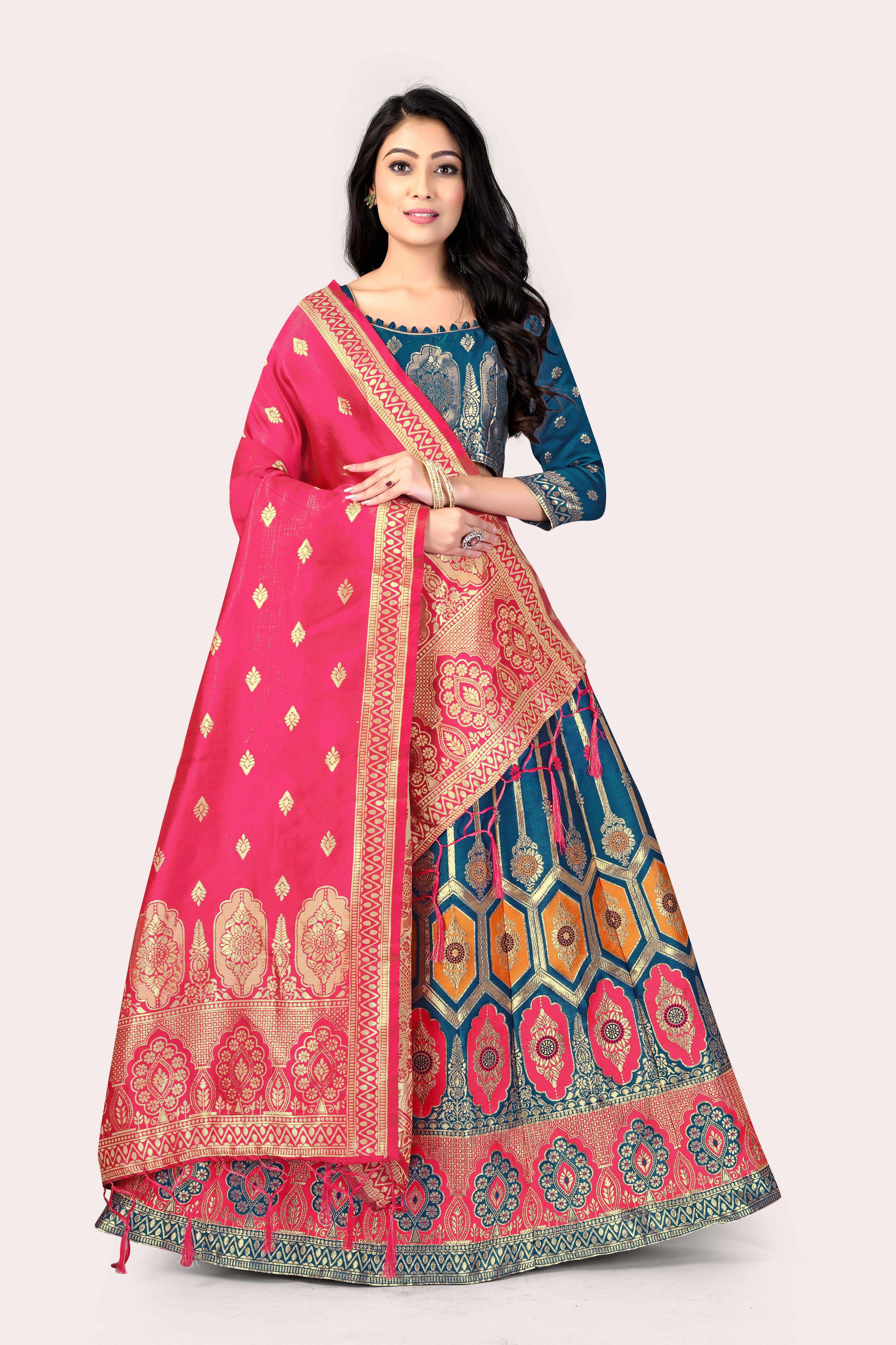 Graceful Grandeur: Banarasi Lehenga Choli Set with Veil - Decize Clothing