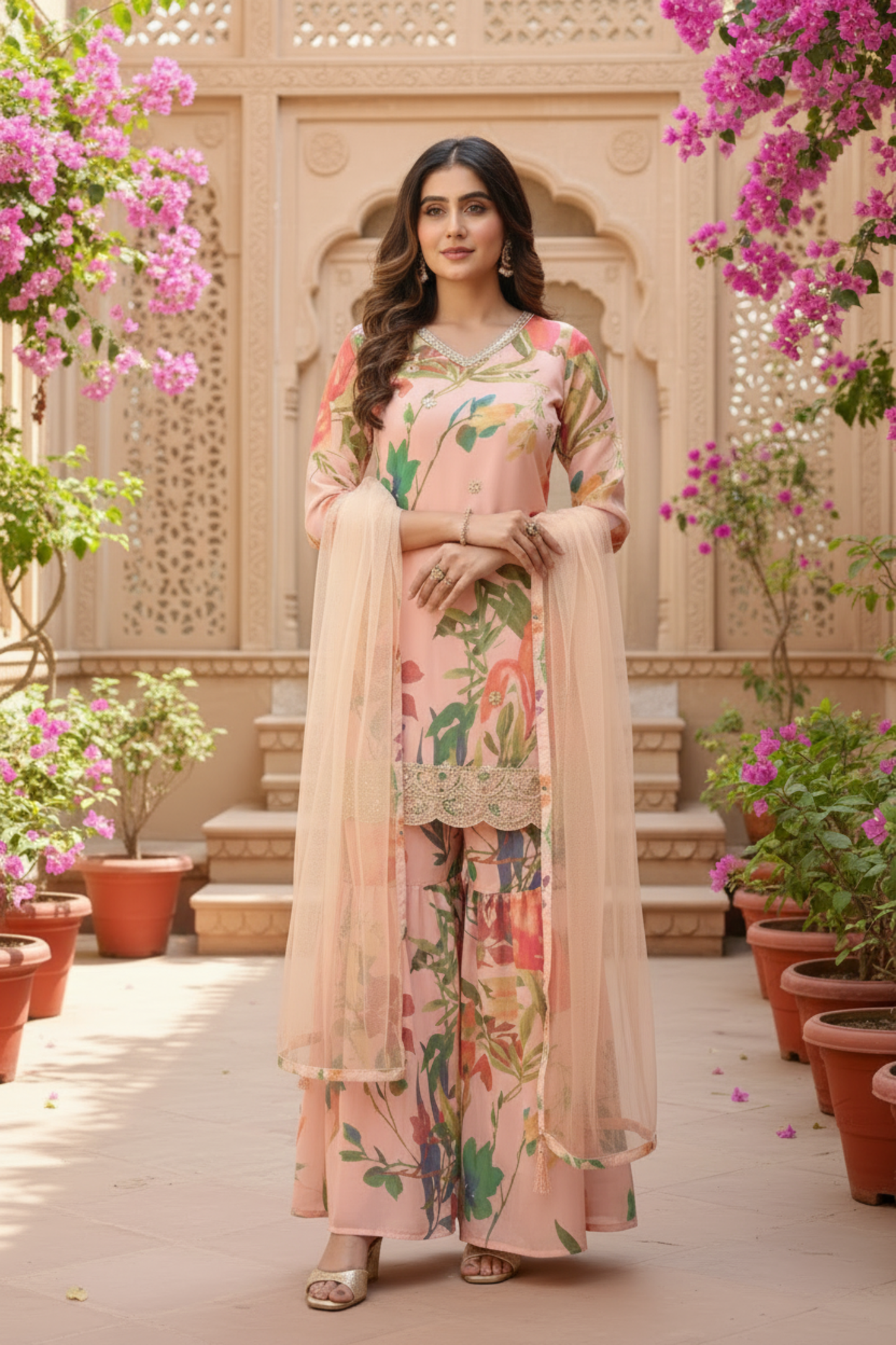 Palak Embroidered Printed Sharara Set with Dupatta