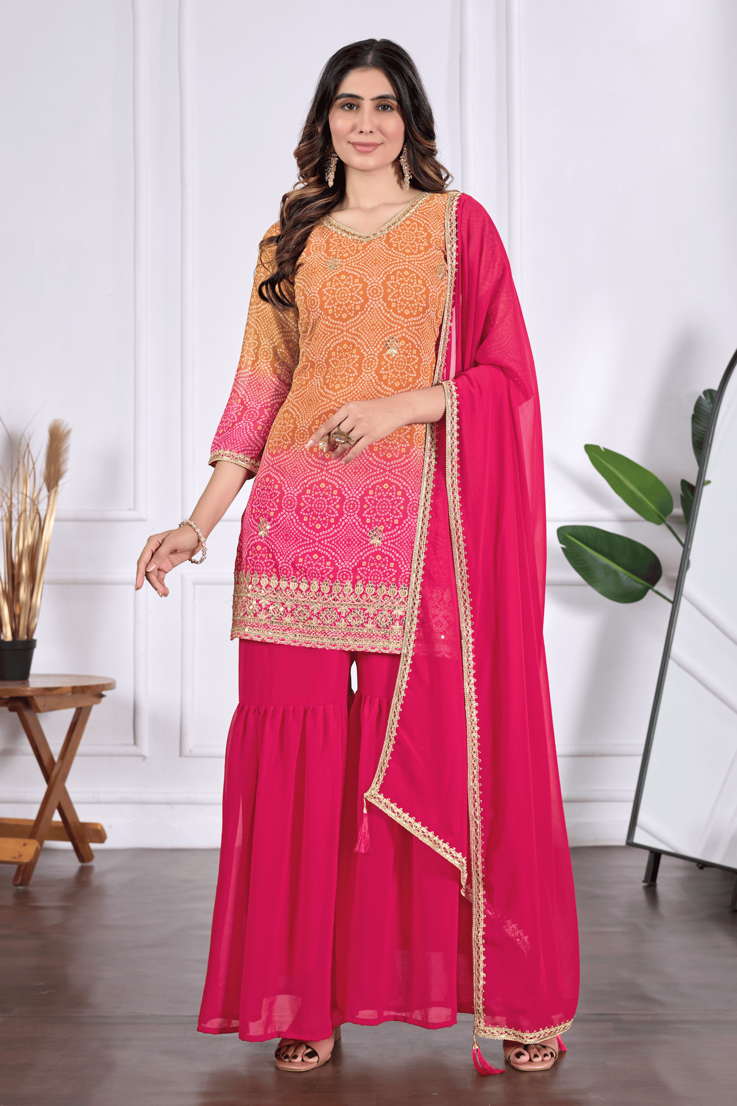 Bandhani Embroidered Printed Sharara Set with Dupatta