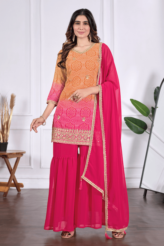 Bandhani Embroidered Printed Sharara Set with Dupatta
