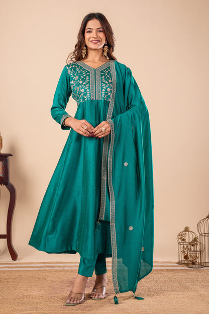 Rama Embroidered Silk Anarkali Kurta With Dupatta Set