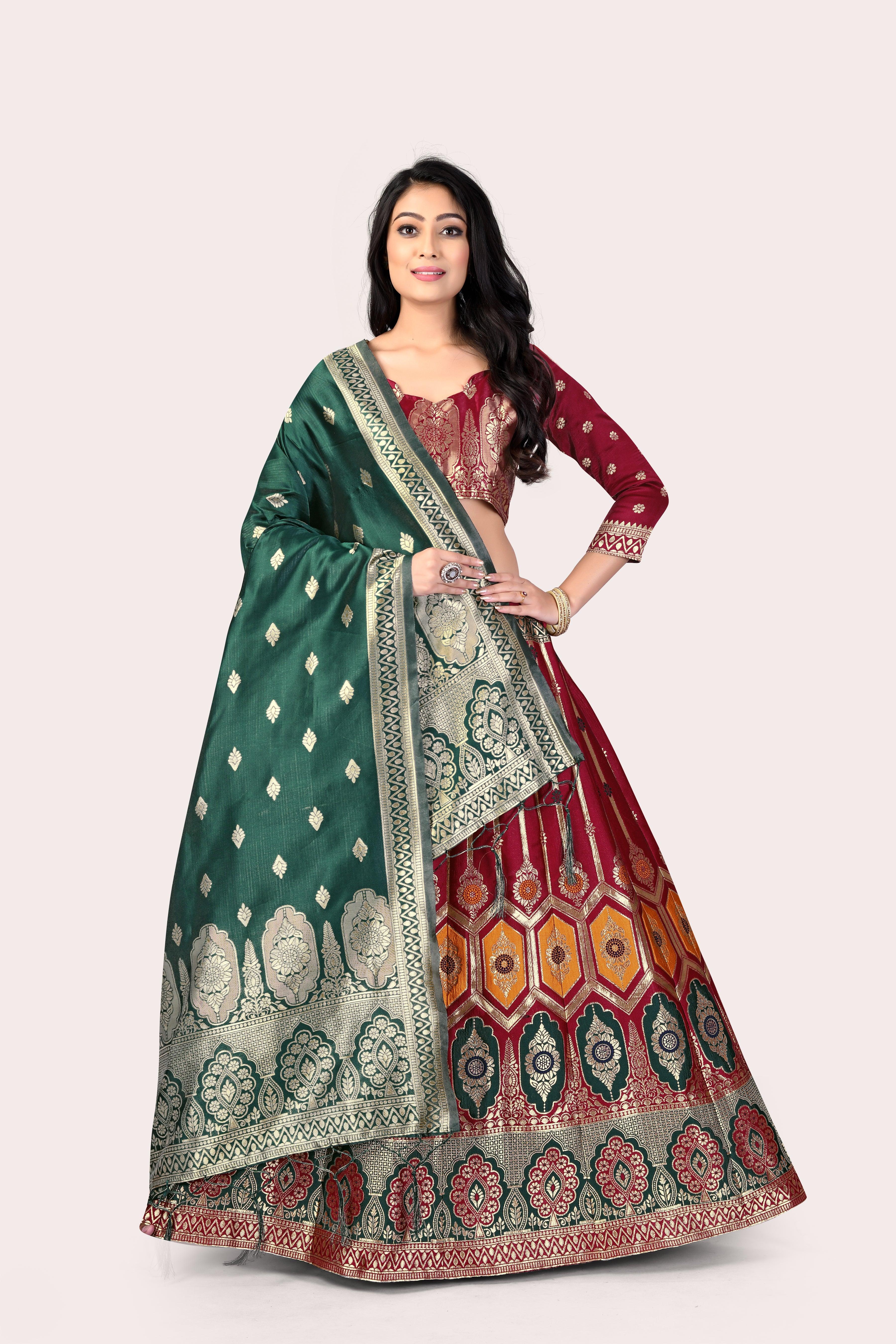 Graceful Grandeur: Banarasi Lehenga Choli Set with Veil - Decize Clothing