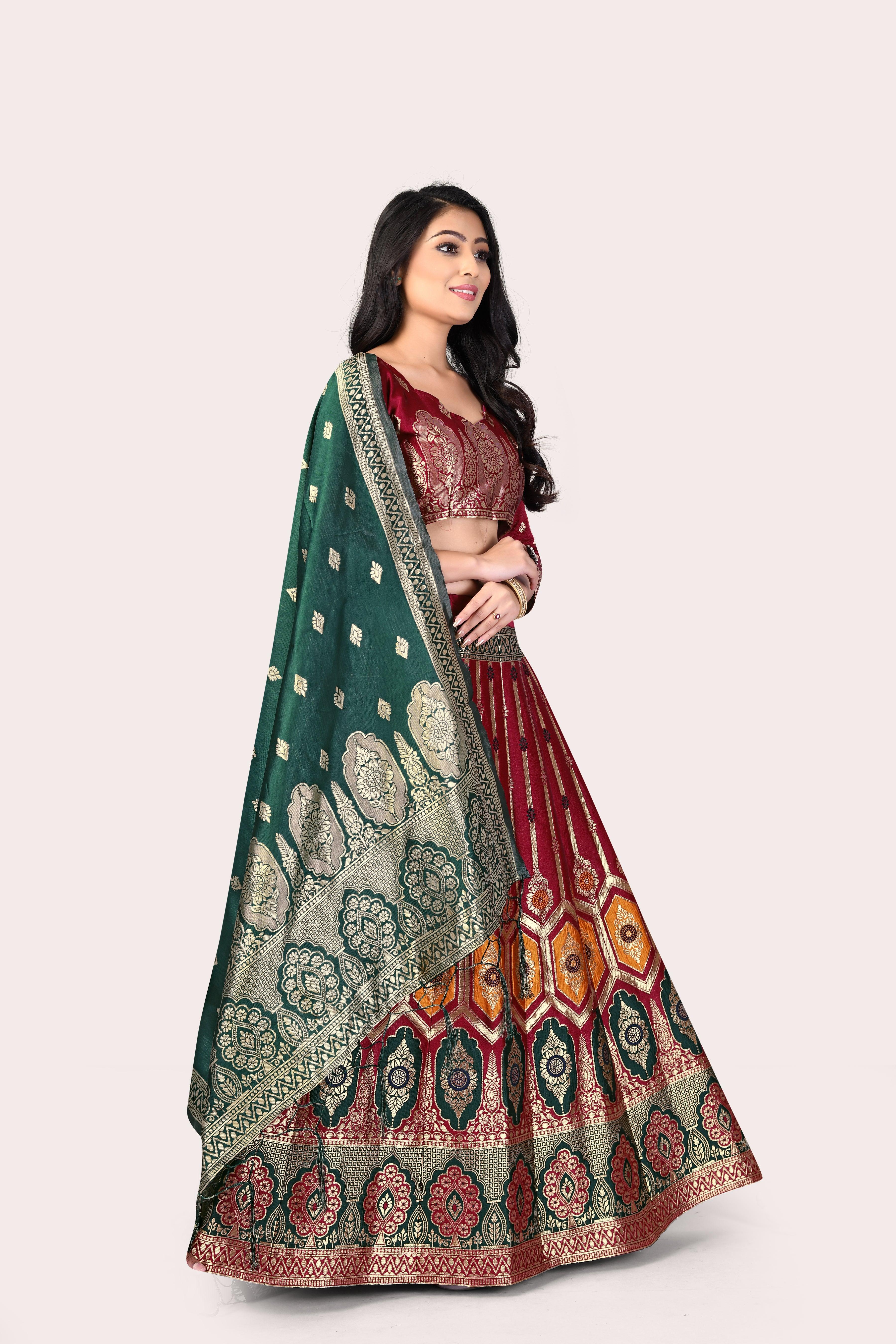 Graceful Grandeur: Banarasi Lehenga Choli Set with Veil - Decize Clothing