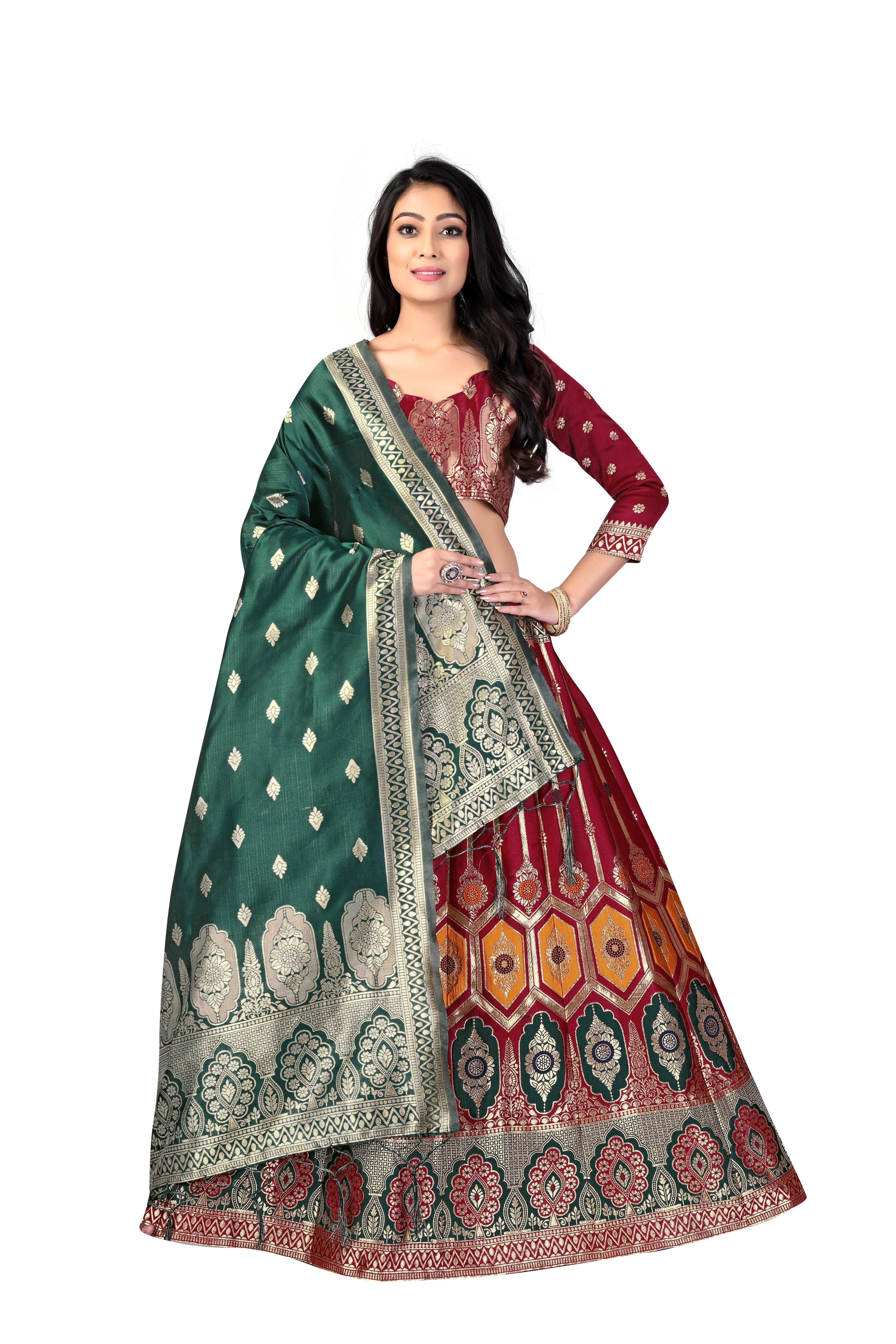 Graceful Grandeur: Banarasi Lehenga Choli Set with Veil - Decize Clothing