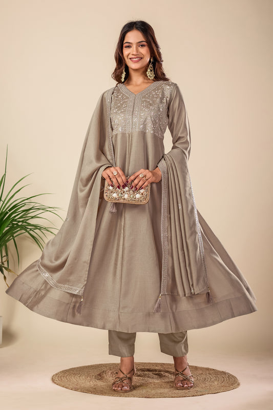 Beige Embroidered Silk Anarkali Kurta With Dupatta Set