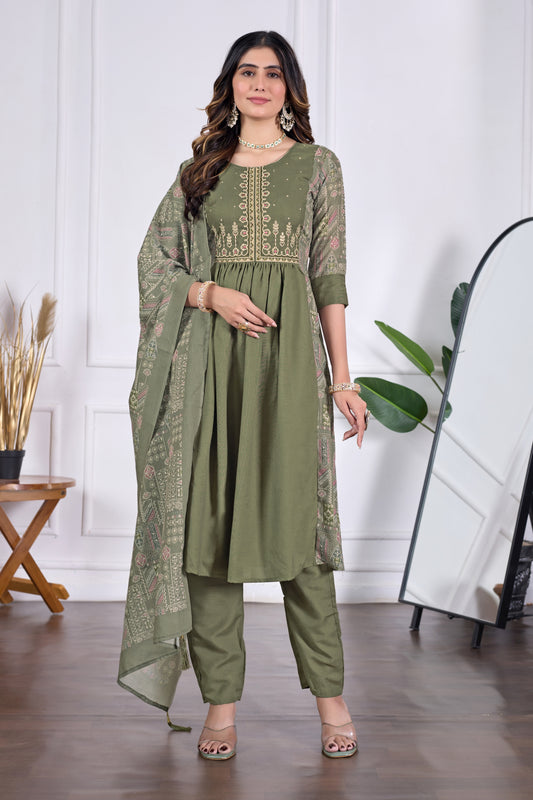 Diya Antique Olive Floral Embroidered Anarkali Pleated Kurta & Trousers With Dupatta