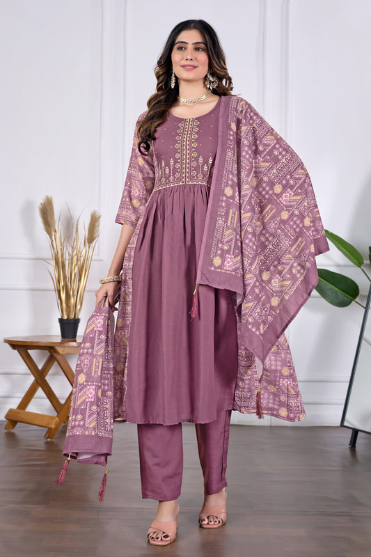Diya Deep Mauve Floral Embroidered Anarkali Pleated Kurta & Trousers With Dupatta