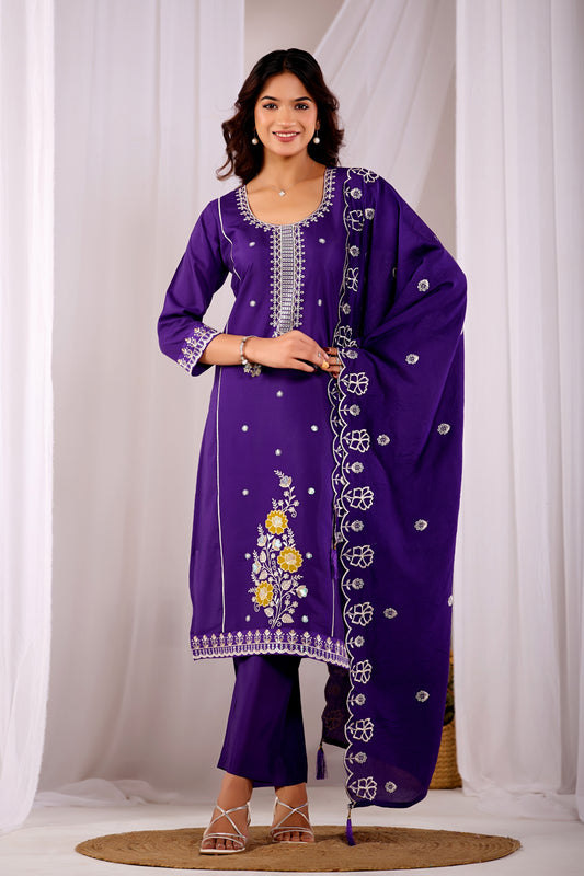 Purple Gulzar Floral Embroidered Silk Kurta Set with Dupatta
