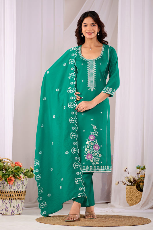 Teal Blue Gulzar Floral Embroidered Silk Kurta Set with Dupatta