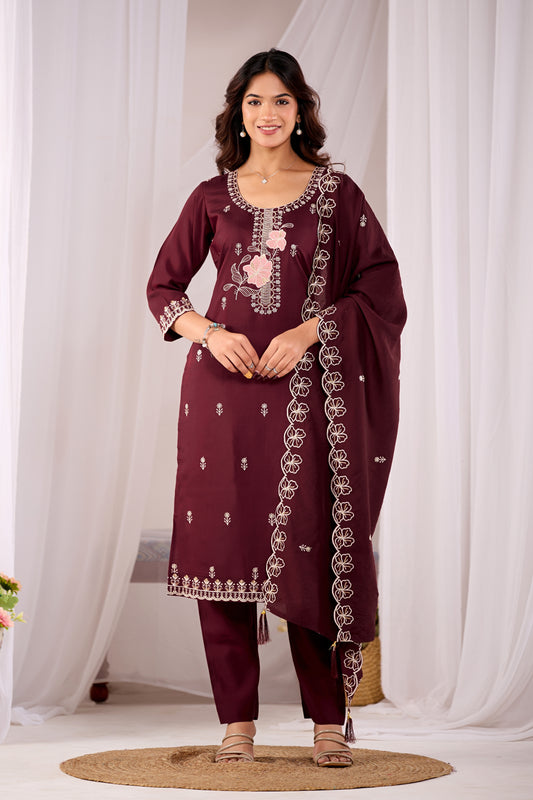 Maroon Aarohi Ethnic Motifs Embroidered Silk Kurta Set with Dupatta