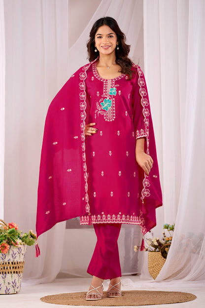 Pink Aarohi Ethnic Motifs Embroidered Silk Kurta Set with Dupatta