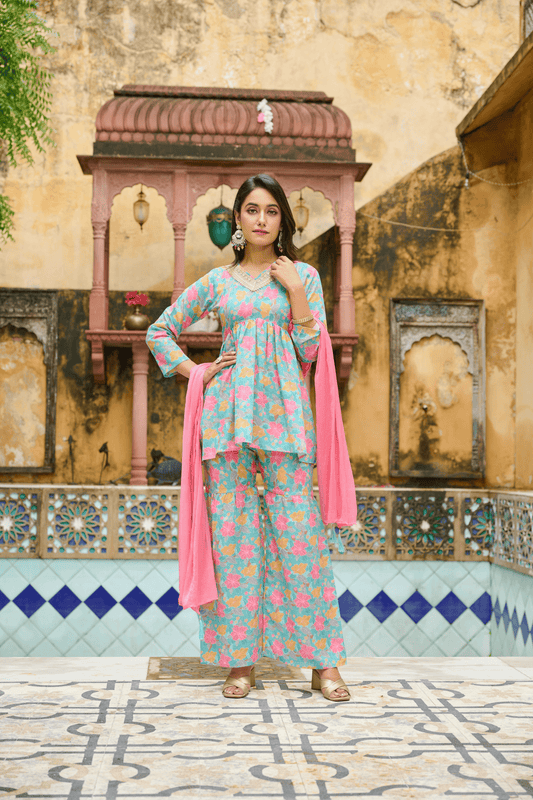 Kudi Botanical Print Cotton Kurta Set with Dupatta