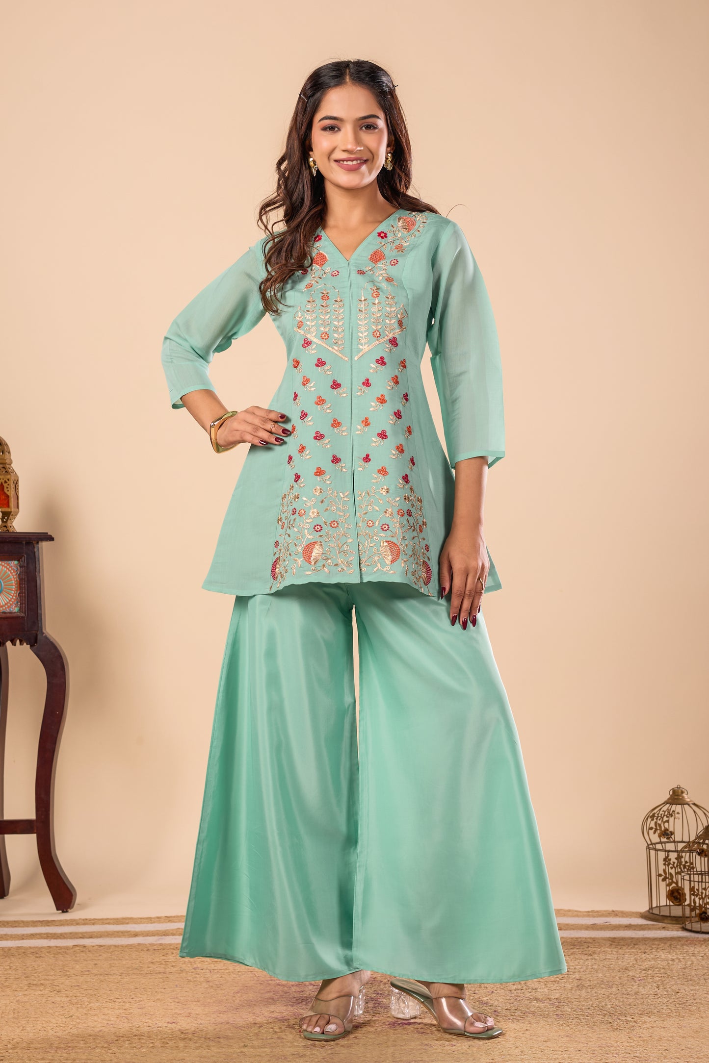 Kusum Mint Green Floral Embroidered Mul-Chanderi co-ord set