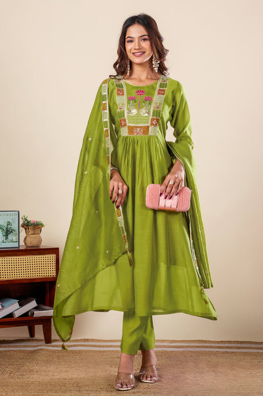 Lotus Green Embroidered Pure Mul Chanderi Anarkali Kurta With Dupatta Set