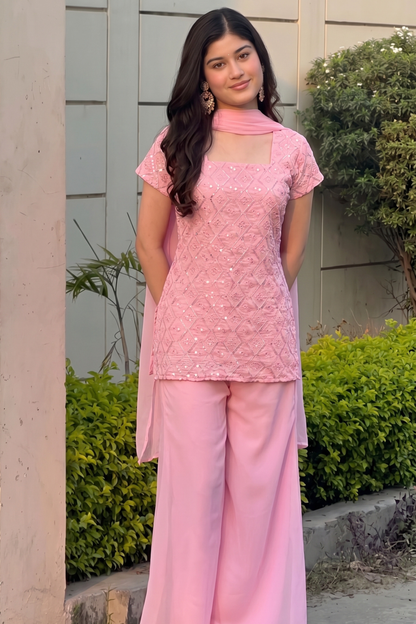 90's Style Glam Kurta Set with Bell Bottom Palazzo & Dupatta