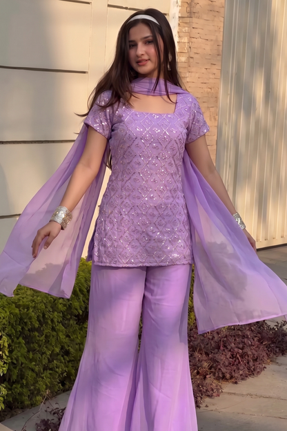 90's Style Glam Kurta Set with Bell Bottom Palazzo & Dupatta