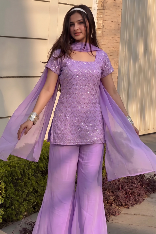90's Style Glam Kurta Set with Bell Bottom Palazzo & Dupatta